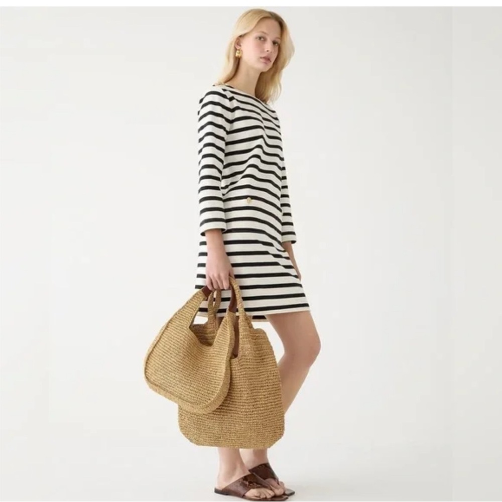 J. Crew Mariner Cloth Dress XS Bretton Stripe Gold Buttons Black White Nautical